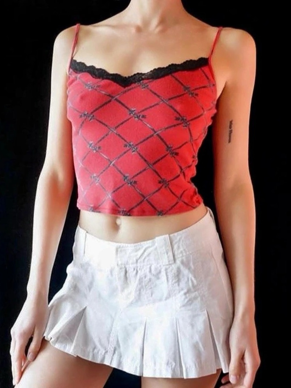 Vtg VS Red Cotton Lace Trim Camisole in Red & Black Size XS